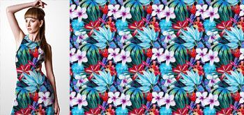 09013v Materiał ze wzorem malowane duże tropikalne kwiaty (hibiskus) i liście w stylu akwareli